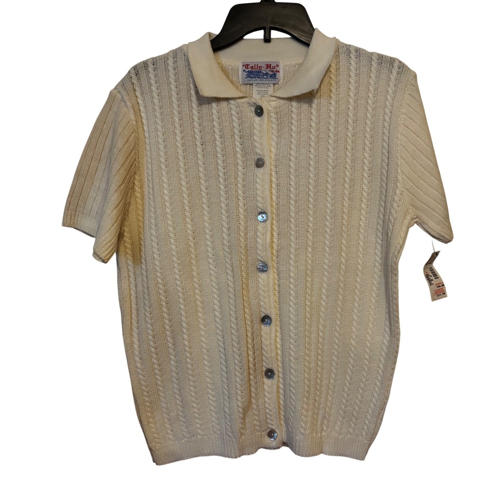 Tally Ho Women's Vintage‎ Cable Knit Cardigan Large NWT Short Sleeve Cream